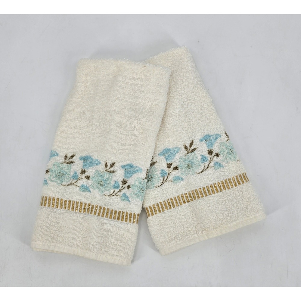 Vintage Cannon Monticello Hand Towels Set of 2 Bluebell Floral Gold MCM Bath